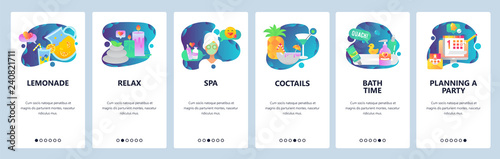 Web site onboarding screens. SPA and wellness center, party and cocktails. Menu vector banner template for website and mobile app development. Modern design linear art flat illustration.