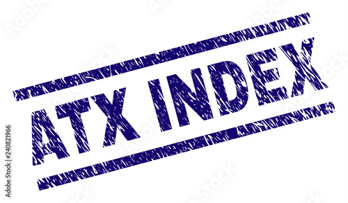 ATX INDEX seal watermark with scratced style. Blue vector rubber print of ATX INDEX label with unclean texture. Text label is placed between parallel lines.