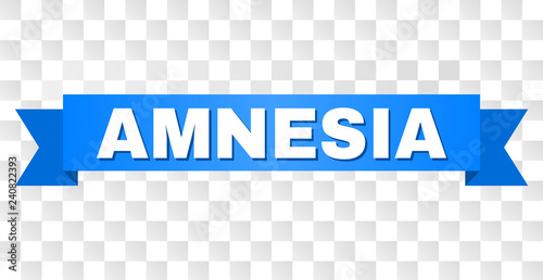 AMNESIA text on a ribbon. Designed with white title and blue tape. Vector banner with AMNESIA tag on a transparent background.