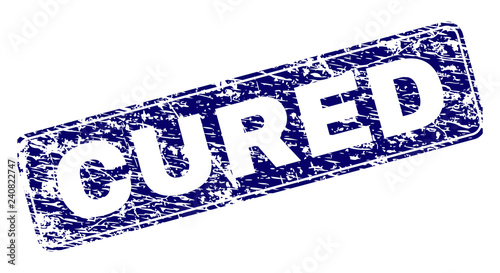 CURED stamp seal print with grunge style. Seal shape is a rounded rectangle with frame. Blue vector rubber print of CURED label with grunge style.