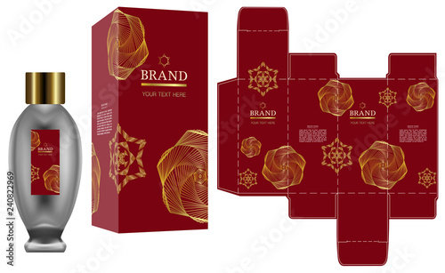 Packaging design, Label on cosmetic container with red and gold luxury box template and mockup box. illustration vector.	