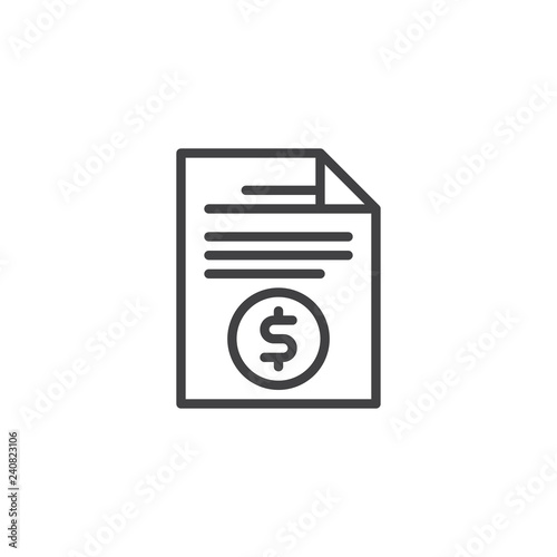 Invoice document file outline icon. linear style sign for mobile concept and web design. Paper document with dollar sign simple line vector icon. Symbol, logo illustration. Vector graphics