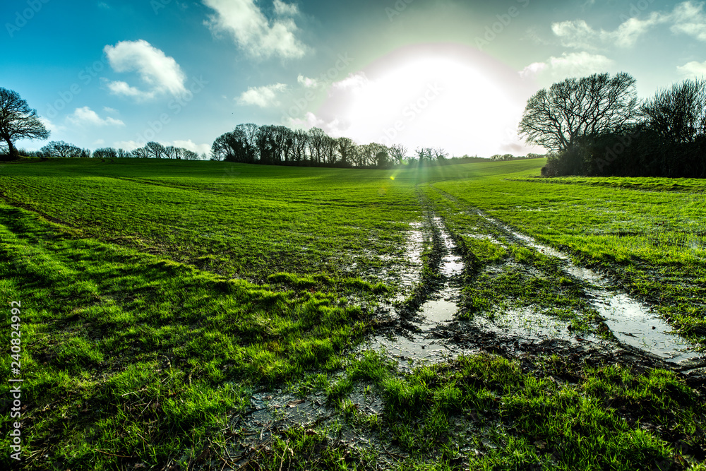 Waterlogged farm fields in Combe Valley, East Sussex, England