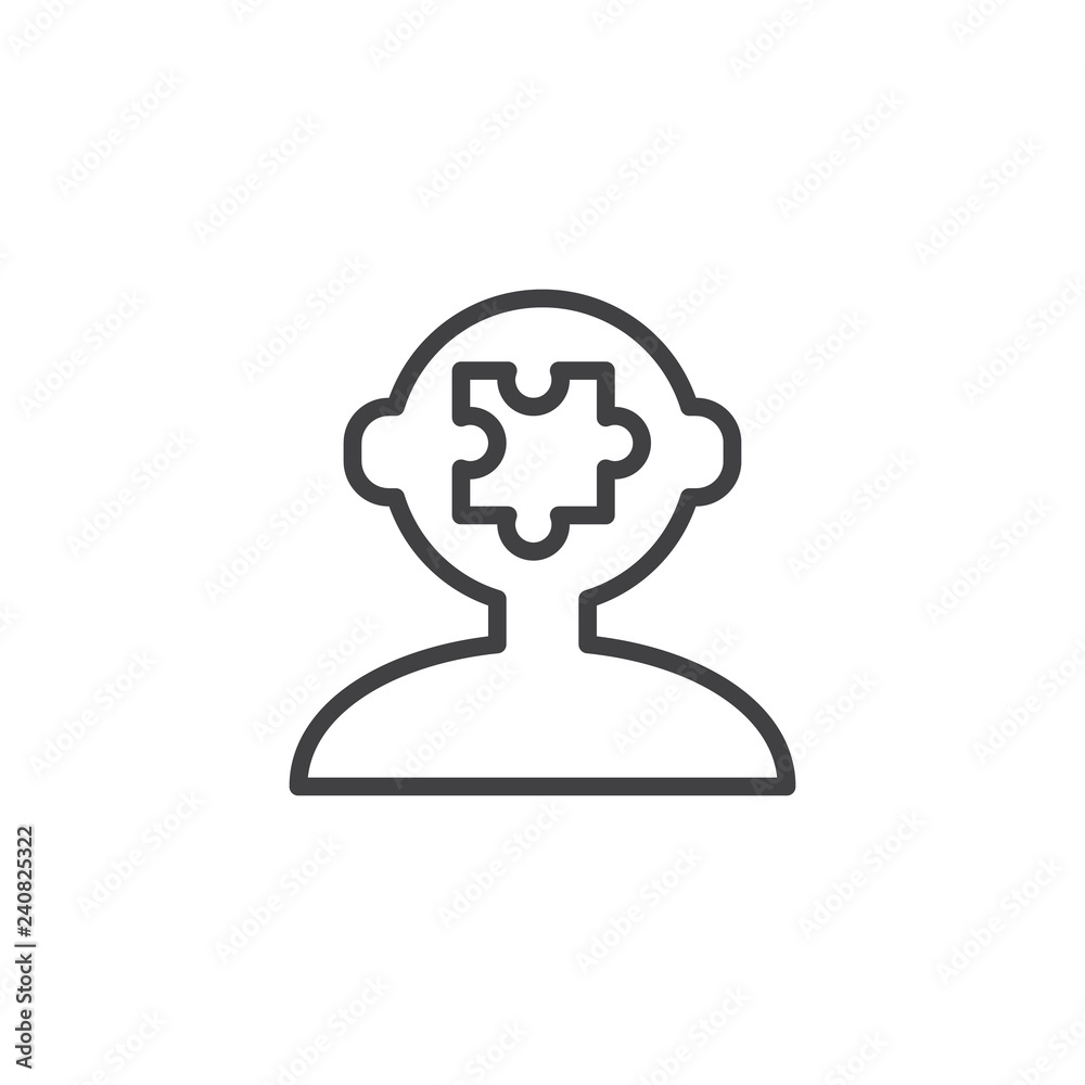 Creative thinking outline icon. linear style sign for mobile concept and web design. Puzzle in a human head simple line vector icon. Symbol, logo illustration. Pixel perfect vector graphics Creative thinking outline icon. linear style sign for mobile concept and web design. Puzzle in a human head simple line vector icon. Symbol, logo illustration. Pixel perfect vector graphics