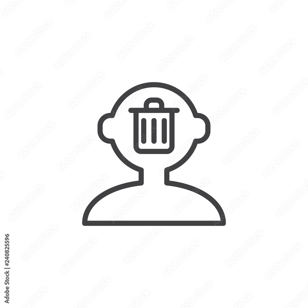 Human mind delete outline icon. linear style sign for mobile concept and web design. Human head with trash can simple line vector icon. Symbol, logo illustration. Pixel perfect vector graphics Human mind delete outline icon. linear style sign for mobile concept and web design. Human head with trash can simple line vector icon. Symbol, logo illustration. Pixel perfect vector graphics