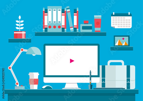 Equipment and workplace of creative graphic designer, flat line vector and illustration.