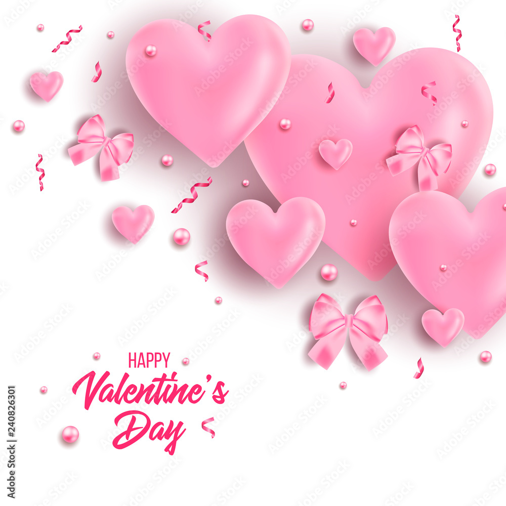 Happy valentines day and weeding design elements with sparkles. Vector illustration. Pink Background With Ornaments, Hearts. Doodles and curls, clouds, bows. Be my Valentine.
