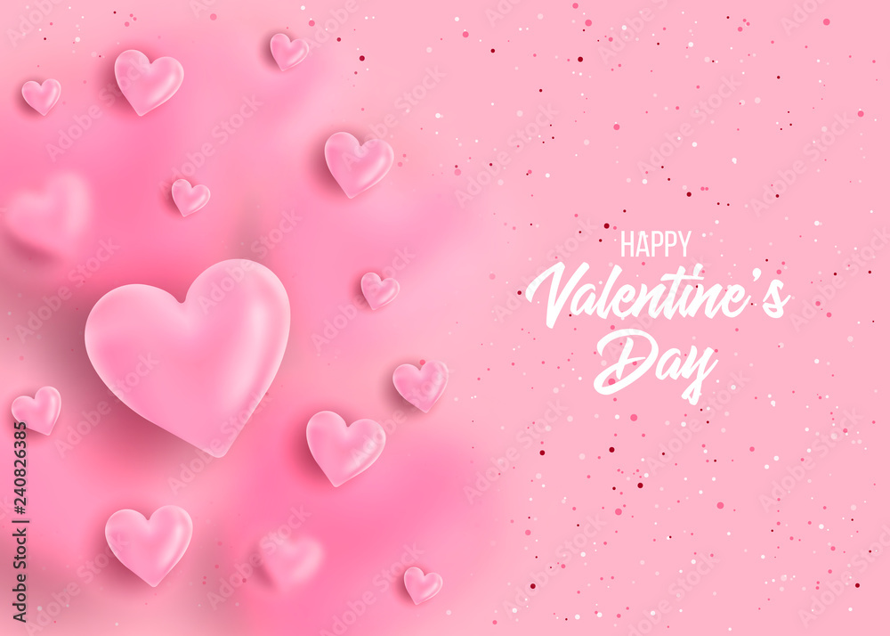 Happy valentines day and weeding design elements with sparkles. Vector illustration. Pink Background With Ornaments, Hearts. Doodles and curls, clouds, bows. Be my Valentine.