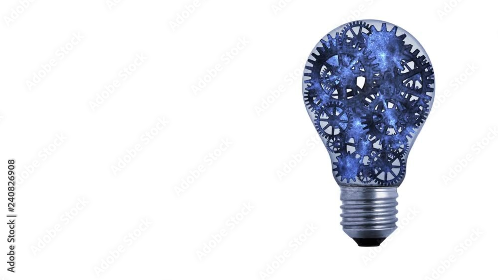 Light Bulb Gears features gears turning inside a light bulb on a white background, good for business or education applications