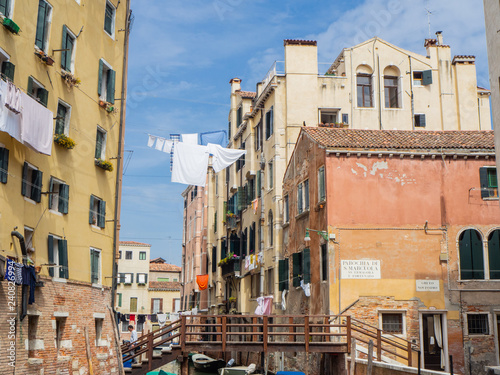 Venice, Italy. Buildings of the Jewish quarter with laundry hanging on the wires between one house and another