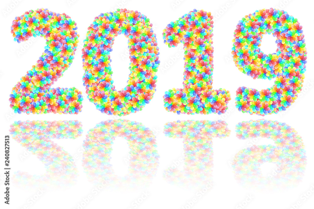 2019 digits composed of colorful glass flowers on glossy white 2019 digits composed of colorful glass flowers on glossy white