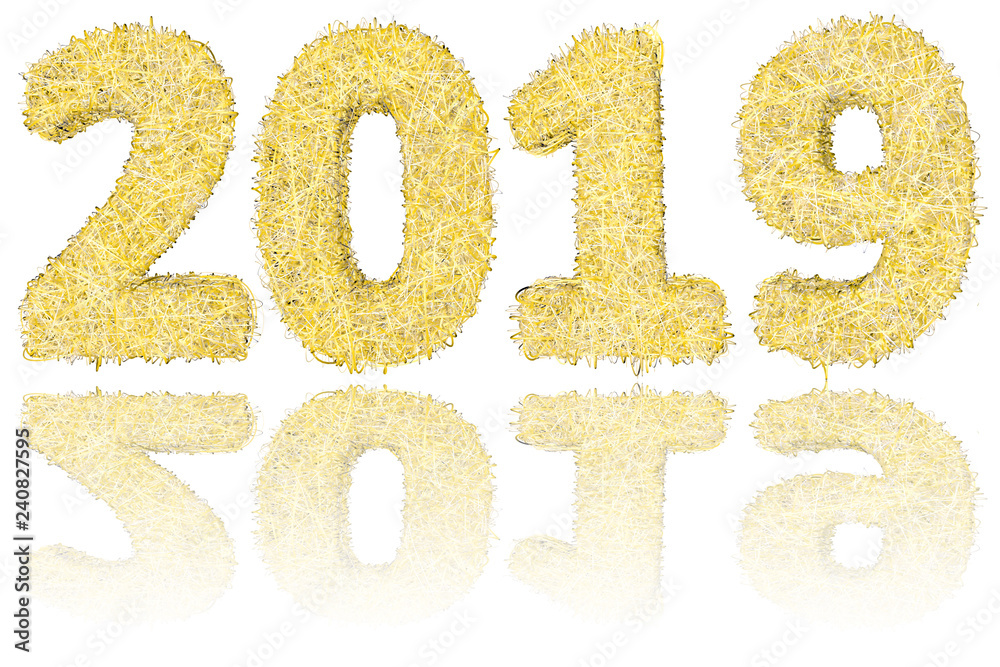 2019 digits composed of golden and silver stripes on glossy white 2019 digits composed of golden and silver stripes on glossy white