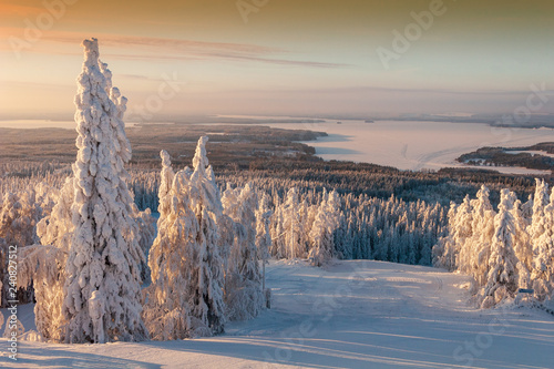 Ski resort snow covered landscape. Sunny frosty day. Lapland Finland photo