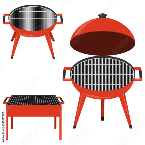 Barbecue grill. Set of realistic barbecues in red. Vector barbecue illustration isolated on white.