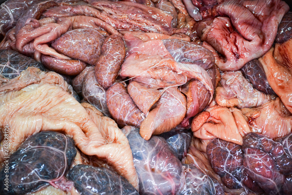 Animal placenta from cow for food strange at the north east Thailand or raw  fresh beef / Amniotic sac Stock Photo | Adobe Stock
