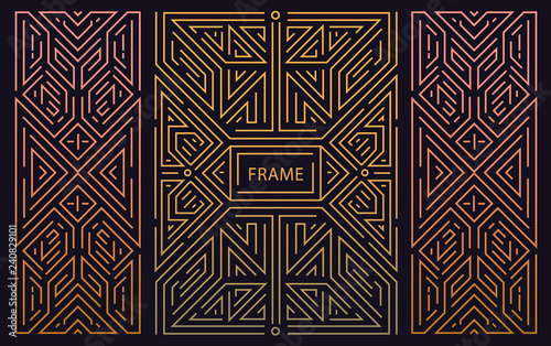 Vector set of abstract art deco frames. Linear modern style, monogram geometric banners, luxury packaging design, poster, inviation, cover