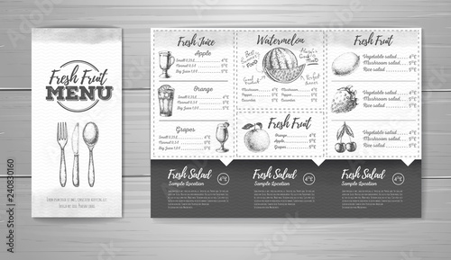 Vintage grunge vegetarian food menu design. Fresh fruit sketch photo