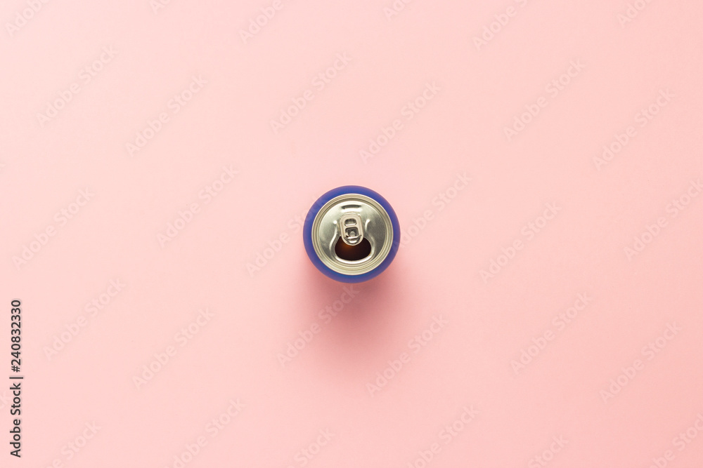 Open can with a drink or empty on a pink background. minimalism. Concept of day and night, caffeine, energy drink, holiday. Flat lay, top view Open can with a drink or empty on a pink background. minimalism. Concept of day and night, caffeine, energy drink, holiday. Flat lay, top view