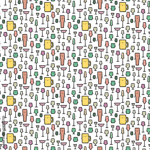 Smiling glass with alcohol seamless hand drawn pattern