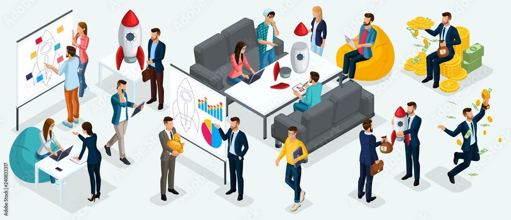 Fototapeta premium Izometryczni ludzie, przedsiębiorcy przedstawiają nowy biznesplan projektu startupowego, rozwój poszukiwań inwestycyjnych. Nowe projekty na białym tle na jasnym tle