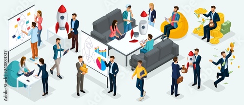 Isometric people, entrepreneurs present a new startup project business plan, development of investment search. New projects isolated on a light background