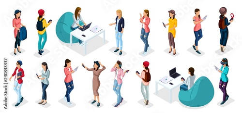 Trendy isometric vector people, 3d person teenagers, modern girl and gadgets, freelancers, startup, coworking, office work, modern people isolated white background