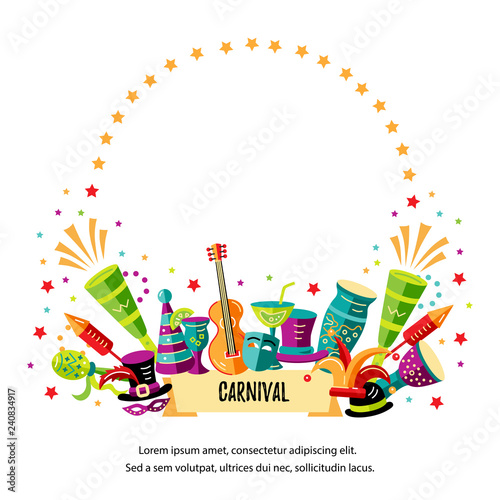 Vector illustration with carnival and celebratory objects. Template for carnival, invitation, poster, flayer, funfair. Flat style.