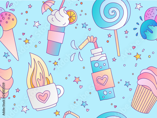 Sweet Positive little girl and princess seamless pattern. Repeatable pattern with hot tea, lolipop, ice cream and cake on blue background, sweet dessert cute seamless pattern. Fashion girl pattern on