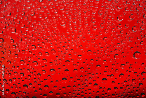 Water drops on red background.