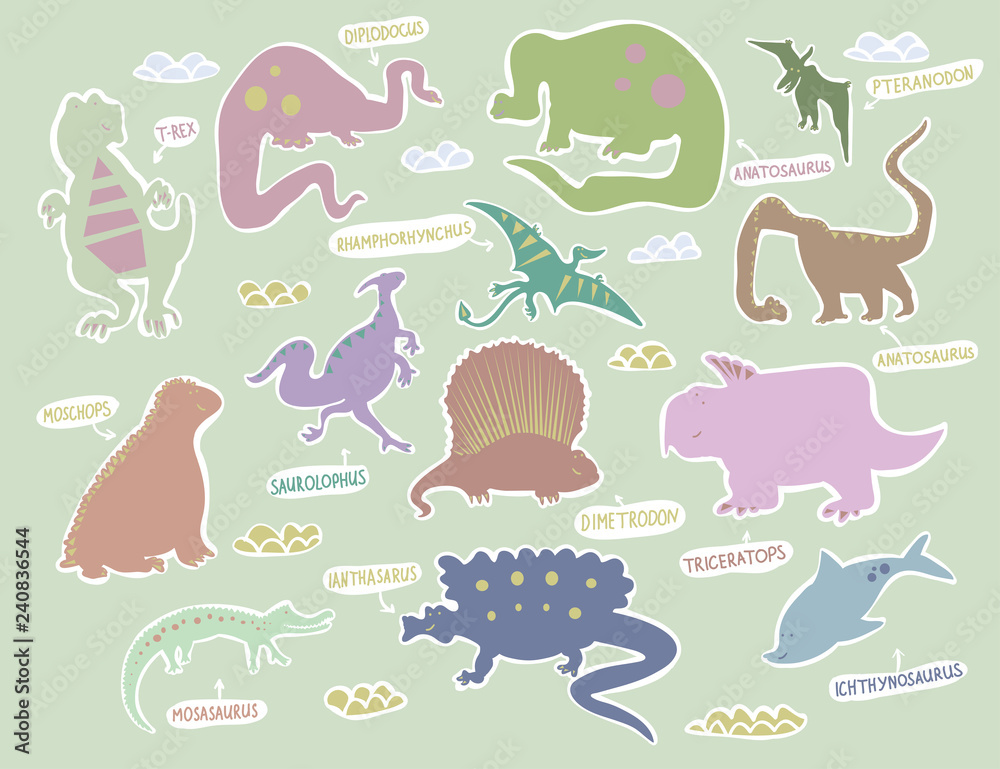 Fototapeta premium Dino characters. Cute funny dinosaurs illustration vector set isolated on background. Illustration for kids, boys, girls, t-shirt, clothes, games, cards.