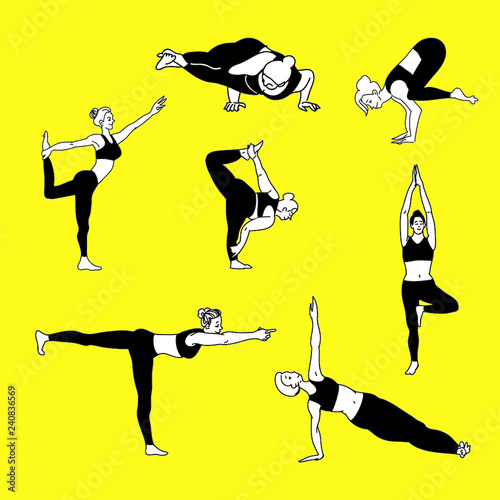 Bundle of female cartoon characters in yoga positions pattern isolated on yellow background. Black and white flat vector illustration for clothes, fashion, cards, wrappaper