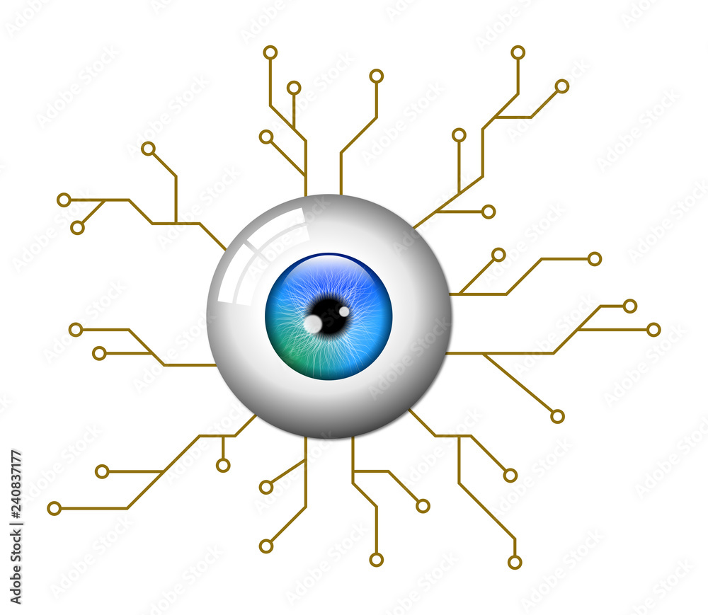 Realistic 3d human eye and printed circuit Realistic 3d human eye and printed circuit