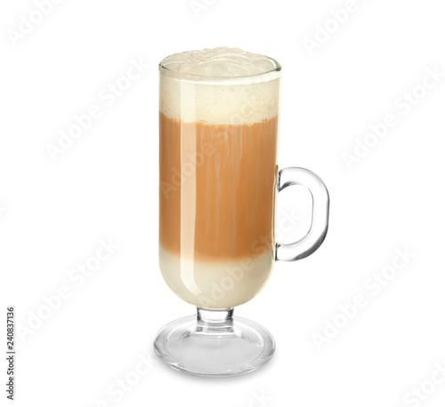 Glass cup of tasty aromatic latte on white background