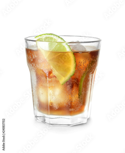 Glass of delicious cocktail on white background