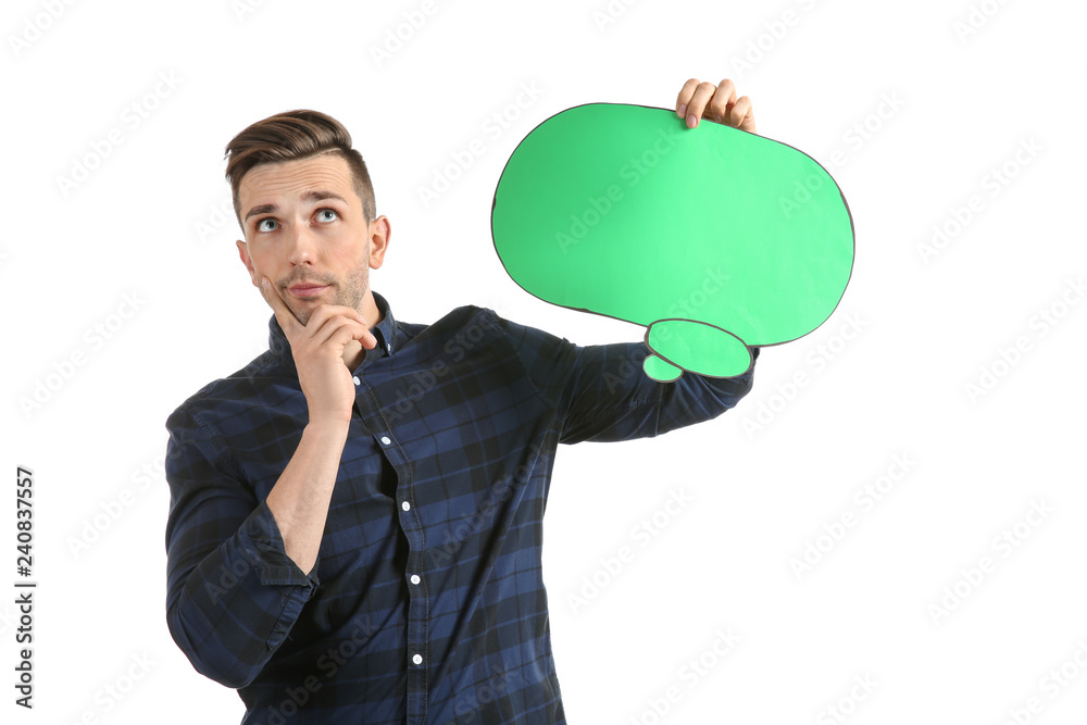 Thoughtful young man with speech bubble on white background Thoughtful young man with speech bubble on white background