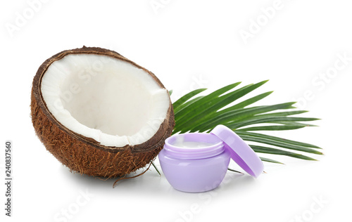 Coconut oil for hair care on white background