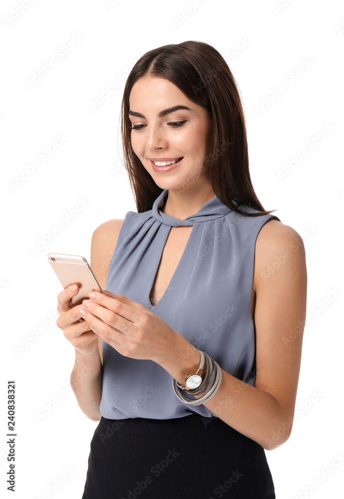 Portrait of beautiful businesswoman with mobile phone on white background Portrait of beautiful businesswoman with mobile phone on white background