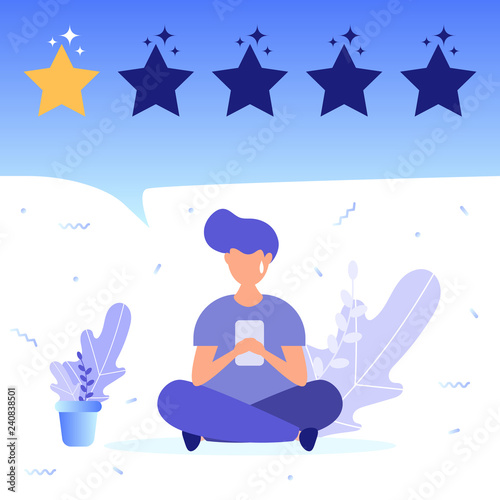 Girl give negative feedback. Concept of feedback, bad review, 5 star rating. Vector Illustration for web page, landing, poster, flyer, banner, presentation, social media.