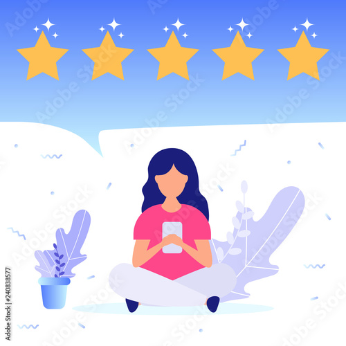 Girl give positive feedback. Concept of feedback, good review, 5 star rating. Vector Illustration for web page, landing, poster, flyer, banner, presentation, social media.