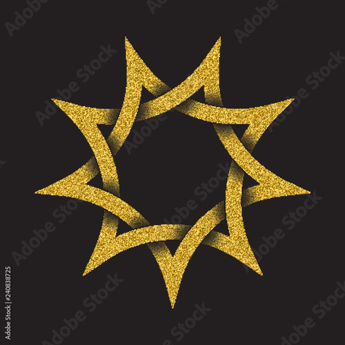 Golden glittering logo symbol in Celtic style on black background. Tribal symbol in nine pointed star form. Gold stamp for jewelry design.