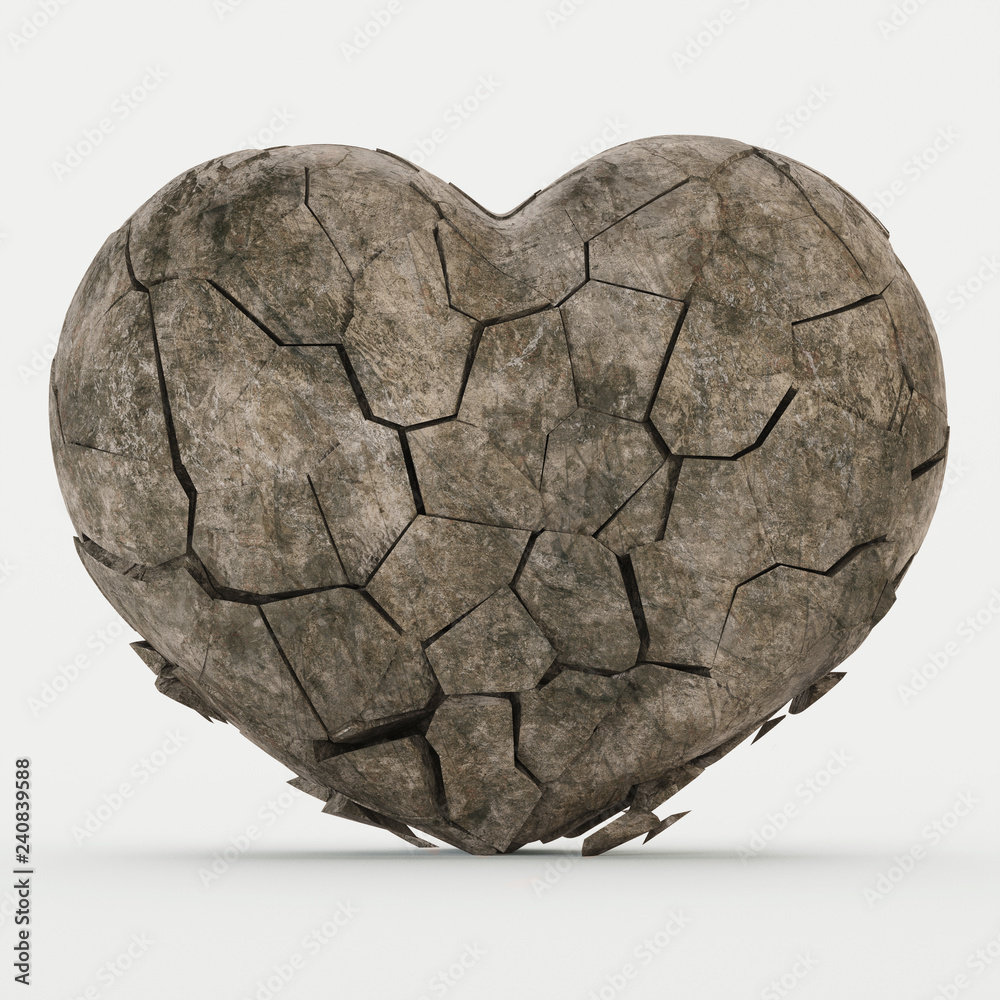 Naklejka premium Broken stone heart on a white background. 3D rendering.