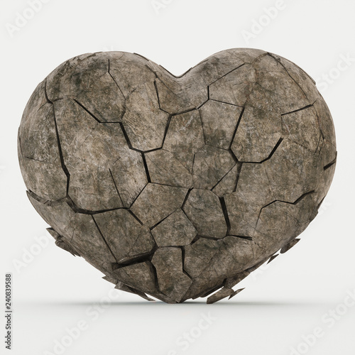 Broken stone heart on a white background. 3D rendering.