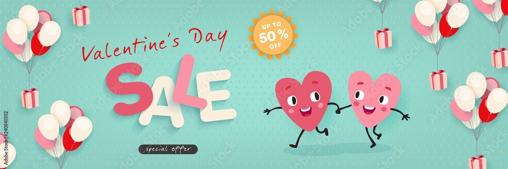 Valentines Day Sale, Advertising Banner with funny cartoon hearts, Vector illustration Valentines Day Sale, Advertising Banner with funny cartoon hearts, Vector illustration
