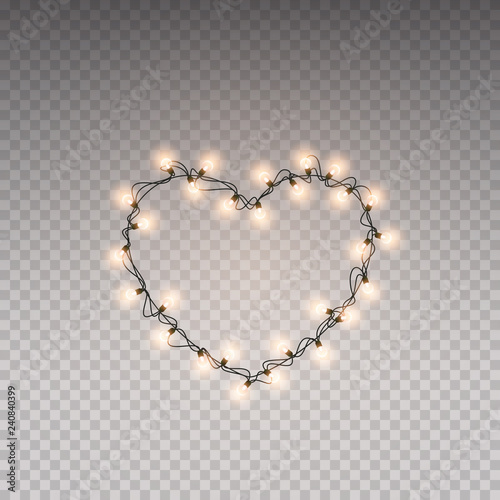Heart lamp lights effect. Illuminated garlands isolated on transparent background. Vector magic shine string bulbs.