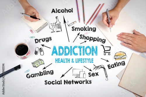 Addiction, health and lifestyle concept. Chart with keywords and icons