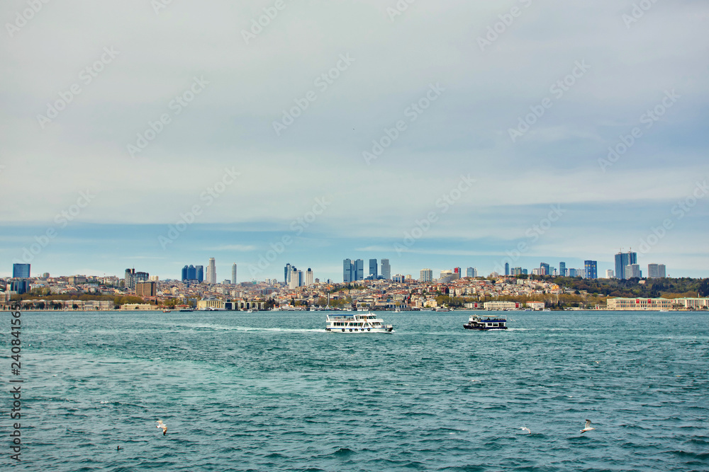 View to Istanbul and passenger ferry. River of the Bosphorus. View to Istanbul and passenger ferry. River of the Bosphorus.