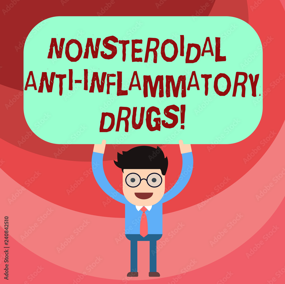 Word writing text Nonsteroidal Anti Inflammatory Drugs. Business concept for class of medicine that reduces pain Man Standing Holding Above his Head Blank Rectangular Colored Board Word writing text Nonsteroidal Anti Inflammatory Drugs. Business concept for class of medicine that reduces pain Man Standing Holding Above his Head Blank Rectangular Colored Board