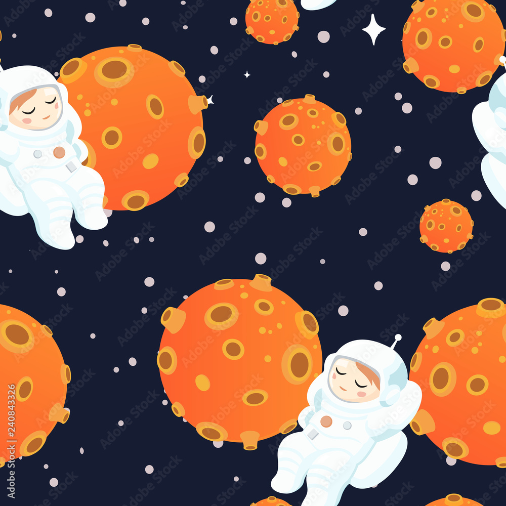 Astronaut floating in the background of planets.Vector seamless pattern. Astronaut floating in the background of planets.Vector seamless pattern.