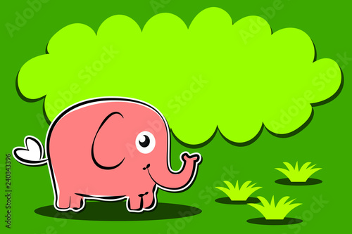 elephant cartoon character on grass with balloon text