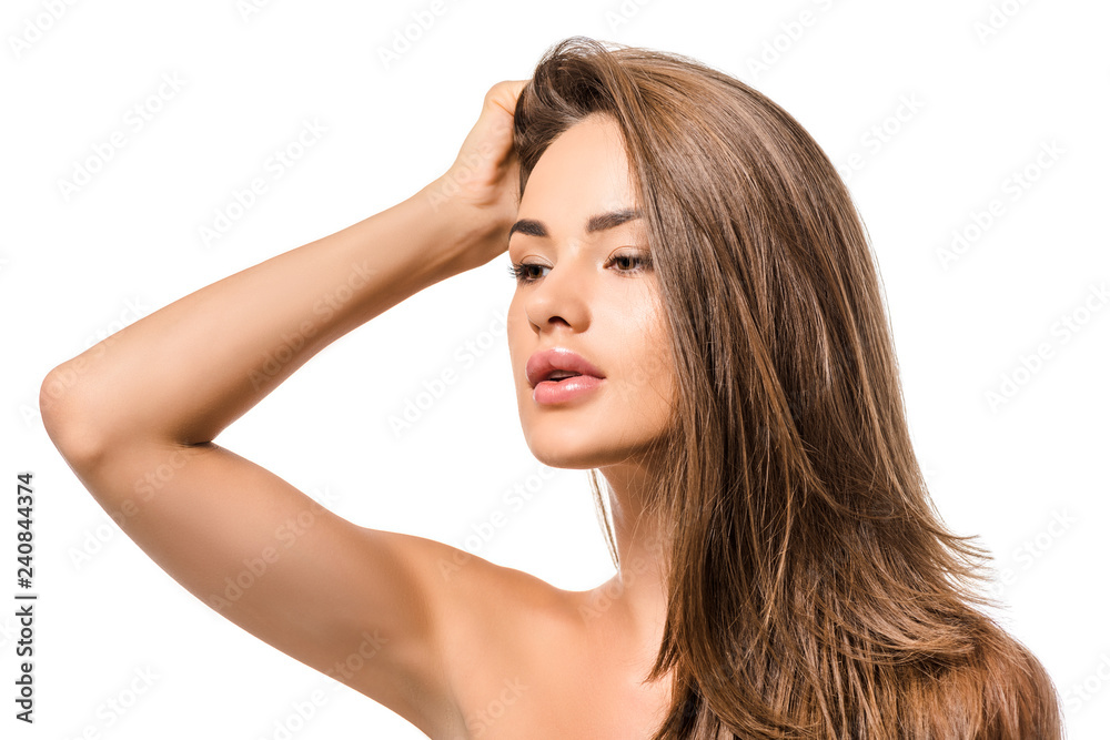 beautiful woman with long brown hair and hand on head isolated on white beautiful woman with long brown hair and hand on head isolated on white